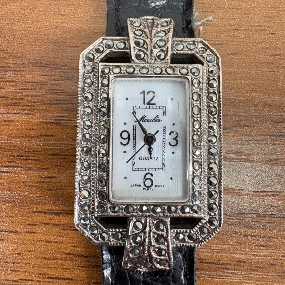 Moulin Quartz Watch‎ Women Leather Band Silver Marcasite Art Deco Japan Mvmt